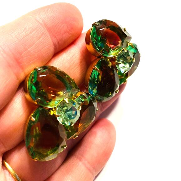 Vintage mid century clip on earrings watermelon green pink glass stones on gold - Picture 4 of 8